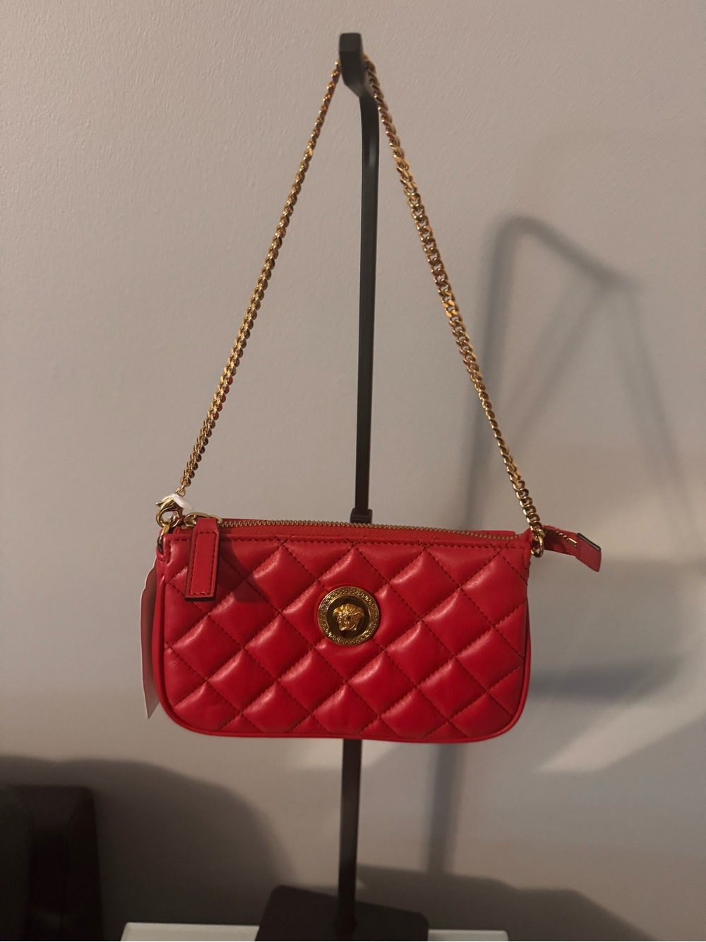 Versace Red Quilted Leather Mini Shoulder Bag with Gold Chain comes with COA